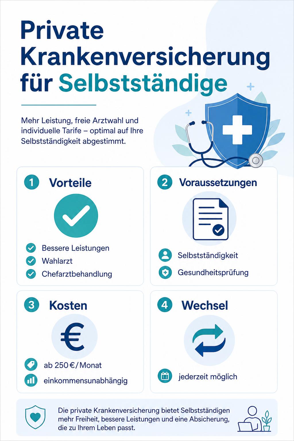 Private Krankenversicherung für Selbstständige – Infografik Infografik zur privaten Krankenversicherung für Selbstständige: Vorteile, Voraussetzungen, Kosten und Wechselmöglichkeiten